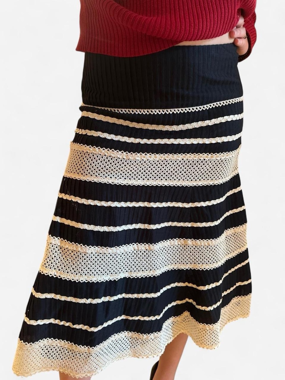 Nanette Lepore | Black and Cream Striped A-Line Midi Skirt | like new!